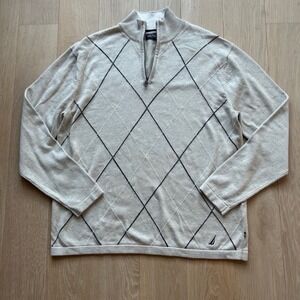 Nautica‎ Mens Beige Argyle Quarter Zip Sweater Mock Neck Knit Pullover XL